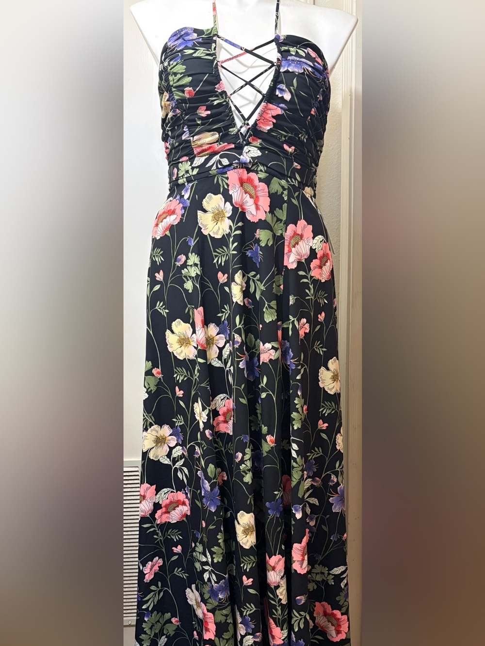 Express Black Maxi Dress with Pink, Cream & Green Floral Print